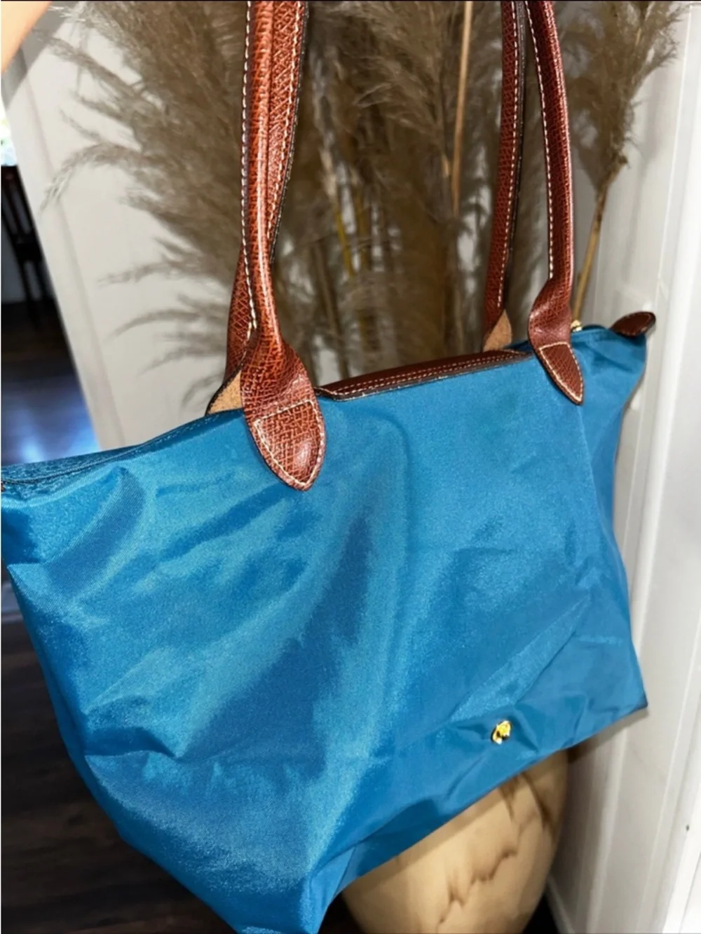 Longchamp Small Tote in Teal with Brown Leather Trim - Picture 2 of 6